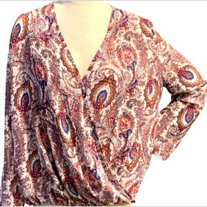 Rich Coco Surplice Faux Wrap Top Paisley Roll Tab Long Sleeve‎ Sz 12 #96L